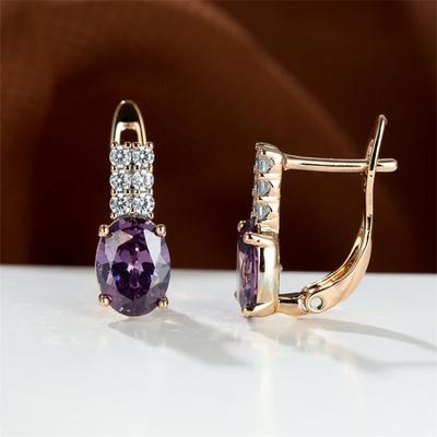 Oval Amethyst Zircon Plated Champagne Gold Ear Buckle Wedding Earrings for Women