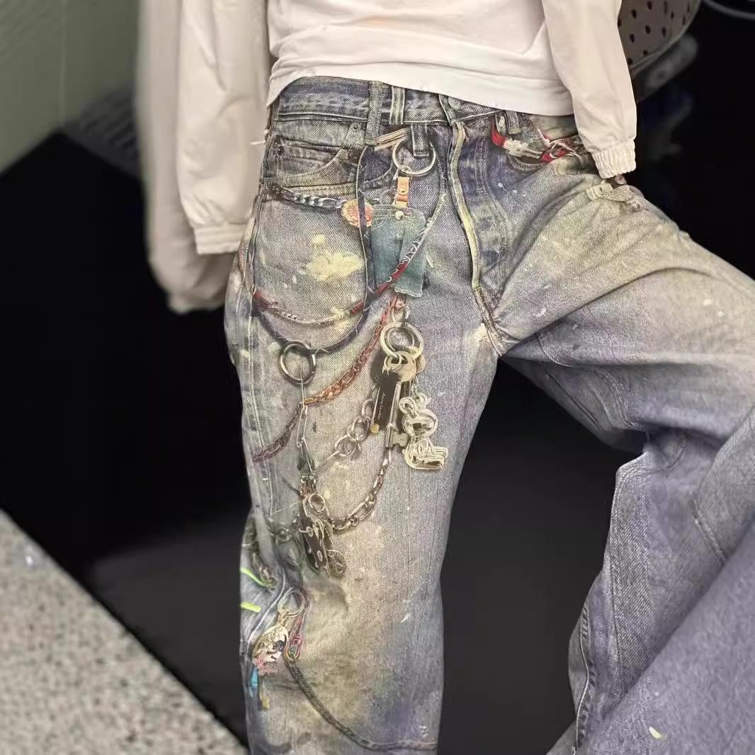 

2024 Men s Trendy Loose Fit 3D Chain Printed Distressed Straight Jeans XL синій