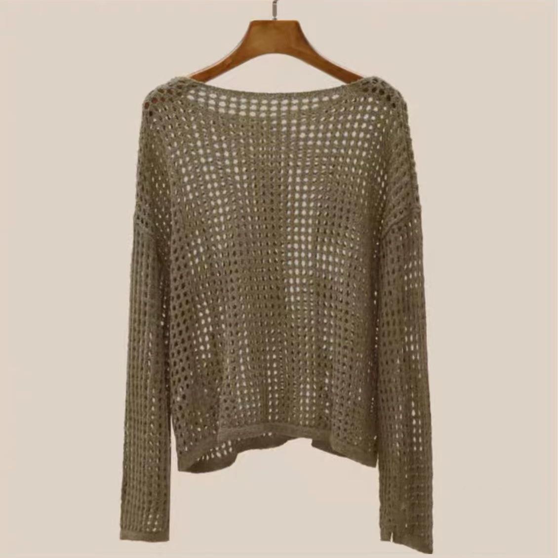 

Жіночі ажурні в язані топи з прозорим коміром та тонкі светри One Size верблюд