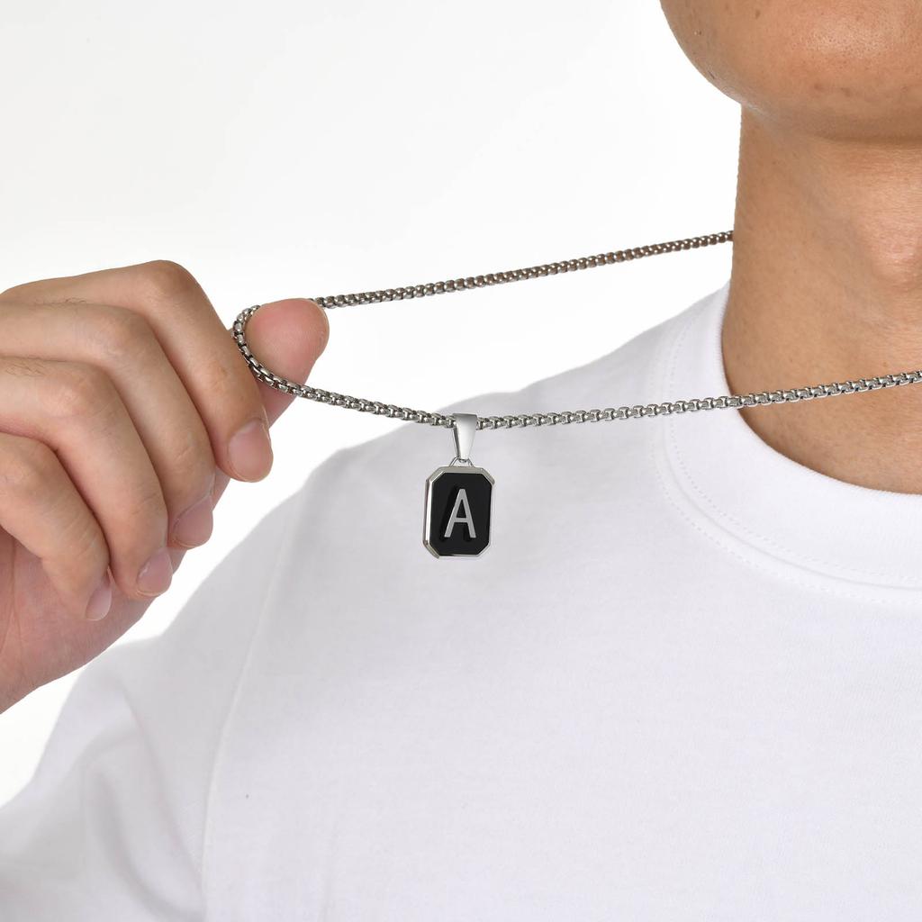 Stylish Initials Square Necklaces for Men Boys,A-Z 26 Letters Stainless Steel Pendant Collar Gifts,50/55/60/70cm