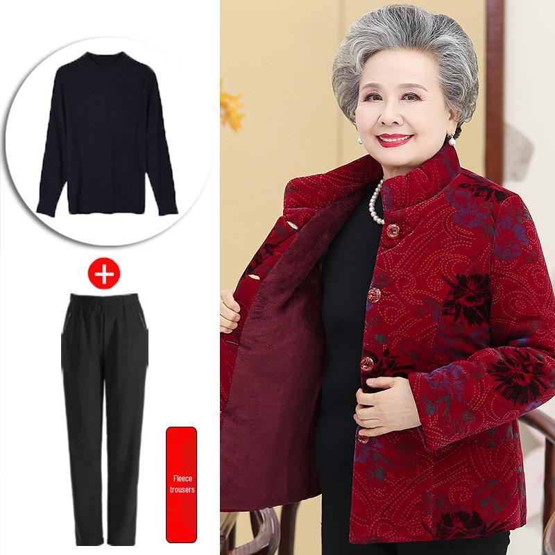 Hengyuanxiang Winter Velvet-Enhanced Cotton Jacket for Elderly Women
