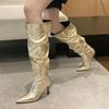 Fashion Eilyken Winter Gold Silver Pleated Pointed Toe Woman Knee-High Boots Designer Thin High Heels Stripper Shoes Botas Mujer