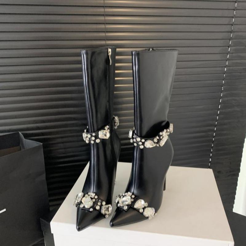Modne Ręcznie Robione Inkrustowane Wodnym Diamentem Kryształowe Szpiczaste Damskie Kozaki nowe Sceniczne Pole Dance Pikantna Dziewczyna Kozaki do Połowy Łydki na Wysokim Obcasie rozmiar 35-42