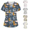 Plus Size Carino stampato Scrub Uniforme da lavoro Top per le donne Croce con scollo a V Manica corta Divertente T-shirt Abbigliamento da lavoro Tee con tasche