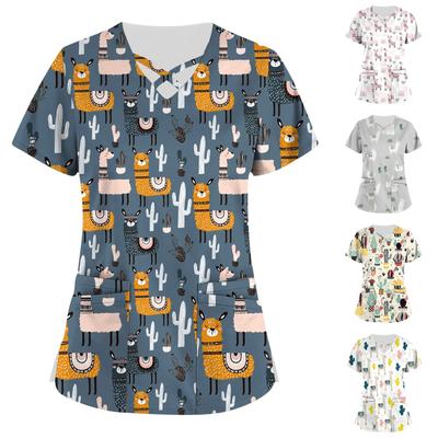 Uniforme de travail imprimé mignon grande taille, hauts pour femmes, col en v croisé, manches courtes, T-Shirts amusants, vêtements de travail, t-shirt avec poches