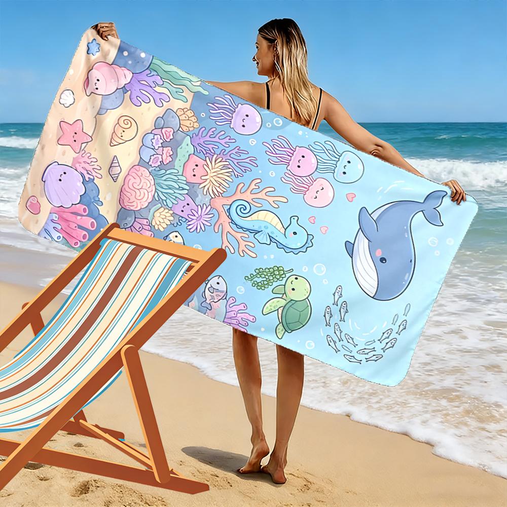 Cute Marine Life Cartoon Underwater Scene Beach Towel Quick-drying for Travel Outdoor Sports Jogging Beach and Swimming