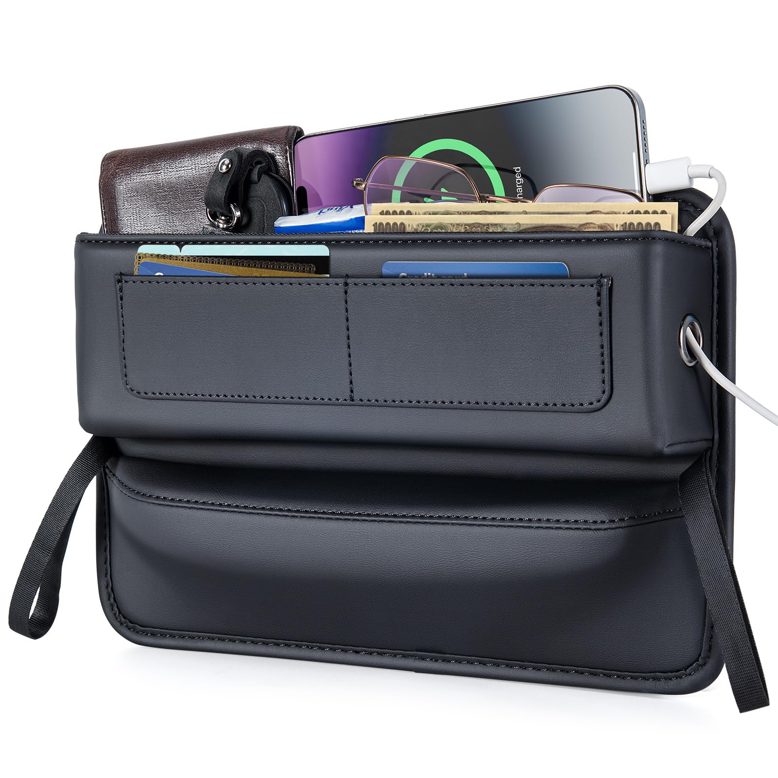 

ALIOBC Боковой органайзер для сиденья, ящик для хранения в щели между сиденьем и консолью для пассажира и водителя, заполняет щель консоли, предотвращает падение мелких предметов, удобный для автомобиля и очков чёрный