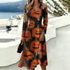 Damen Halloween-Print V-Ausschnitt Langarmkleid mit Taschen