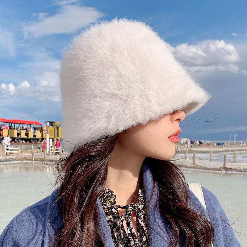 Winter Women's Fashion Solid Color Rabbit Fur Hat Bucket Hat Fisherman Hat Outdoor Warm Basin Hat Ladies Panama Bucket Hat