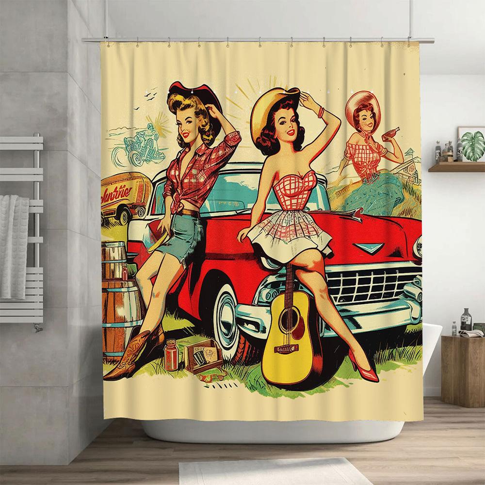 Retro Classic Vintage Style Red Car Girl Cartoon Shower Curtain For Bathroom Decor Home Decoration Supplies Accessories 3D Print
