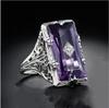 "Rectangular Amethyst Princess Ring with Chamfered Inlay & Hollow Flower Design"