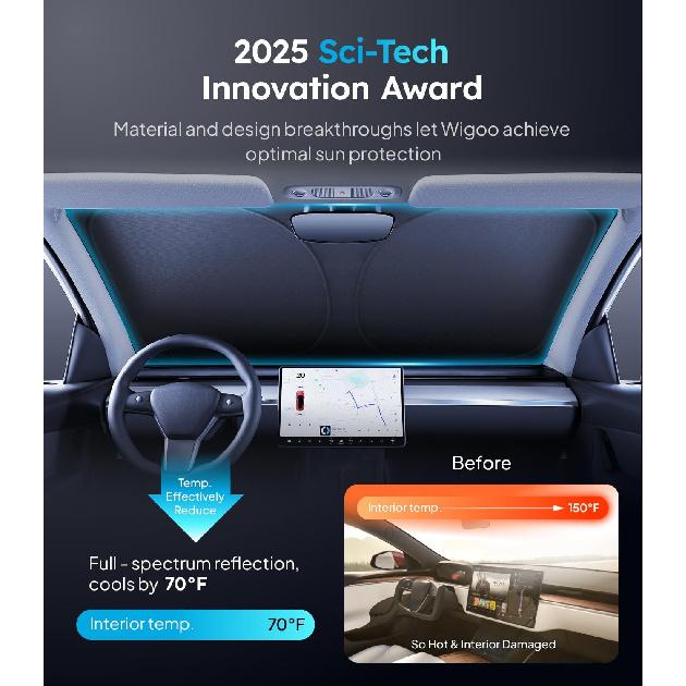 Wigoo 2025 Tesla New Model Y Accessories Windshield Sunshade [OEM Design, 100% Sun Blockage] Foldable Heat Ulation Sunshade With Storage Bag, For