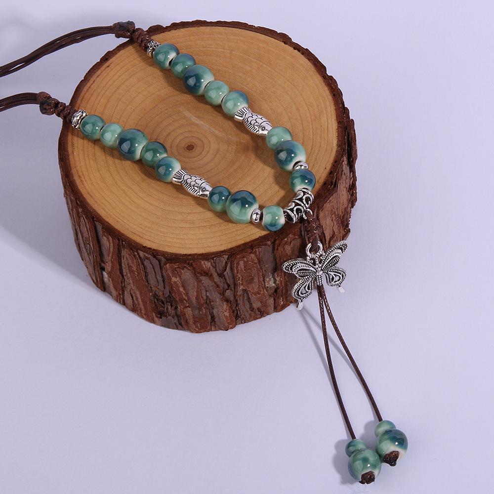 Vintage Ceramic Beaded Pendant Butterfly Necklace Ethnic Style Women Jewelry Gift