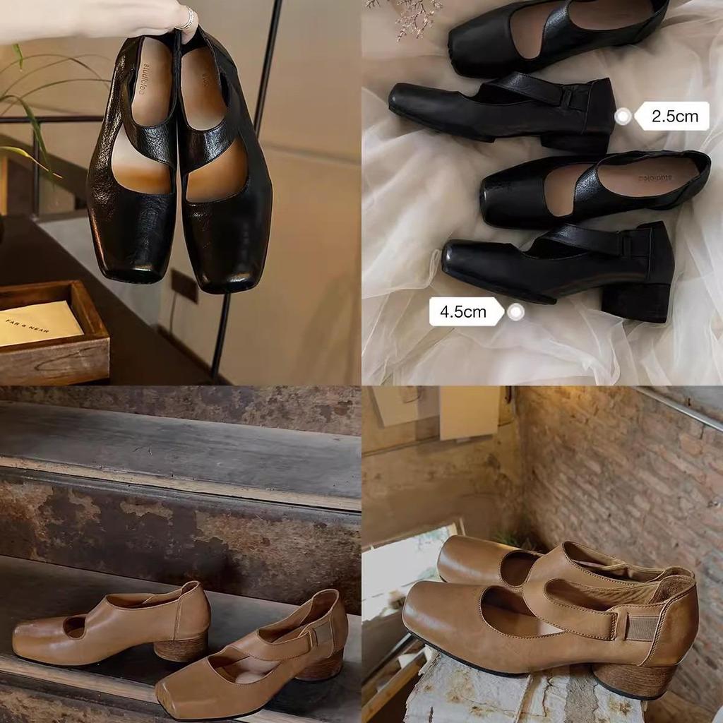 Women's Genuine Leather Ballet Flats, Autumn 2024, Square Toe, Chunky Heel, Vintage Low-Cut Mary Jane Shoes