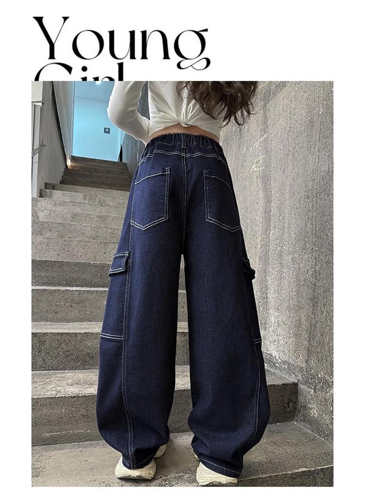 Girls' Autumn Casual Cargo Pants - Wide-Leg Denim Jeans for Kids