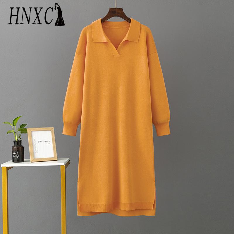 HNXC Rochii de toamnă-iarnă tricotate largi pentru femei, cu guler polo de culoare solidă, cu căptușeală