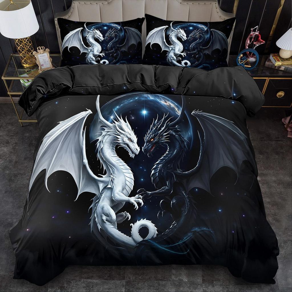 Fire Dragon Duvet Covers for Kids Teens Queen King Size Lightweight Quilt Covers Mythical Dragon Black Bedding Set Room Decor