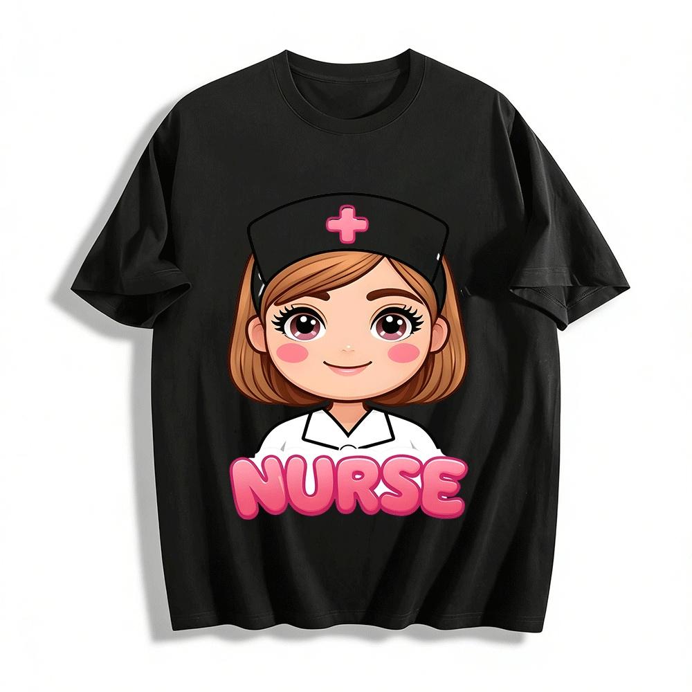 Cute Cartoon Nurse Print Casual T-Shirt Women s Versatile Top Pure cotton T-shirt XXS