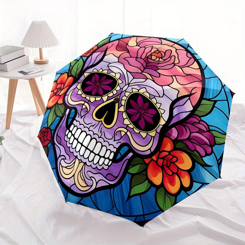 Day of the Dead Sugar Skull Stained Wall Art DecorUmbrella, Portable 3-Fold Compact Umbrella for Men & Women Gift
