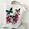 Skeleton Flower Pattern Canvas Shoulder Bag Vintage Flower Butterfly Print Tote Bags Retro Skull Butterfly Print Women's Handbag