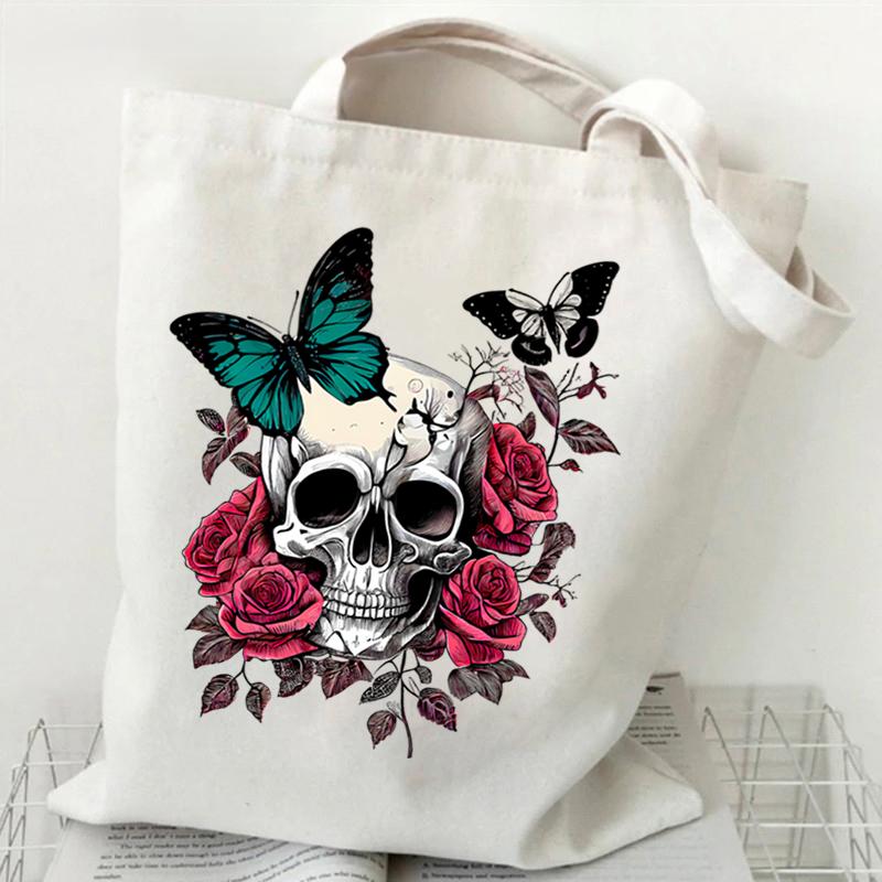 Skeleton Flower Pattern Canvas Shoulder Bag Vintage Flower Butterfly Print Tote Bags Retro Skull Butterfly Print Women's Handbag