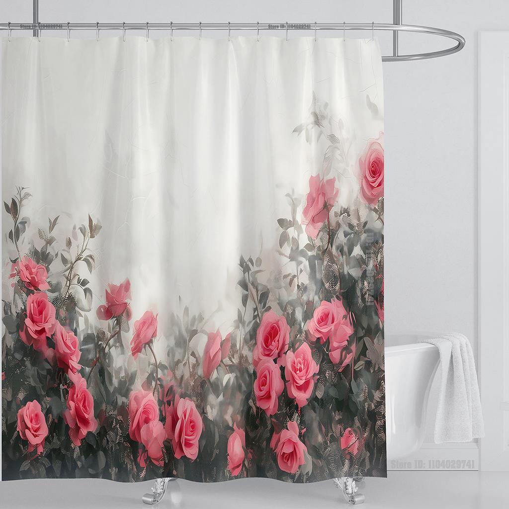 Rose Flower Shower Curtain Waterproof Shower Curtain Polyester Fabric 3D Printed Curtain Bathroom Decoration With Hook