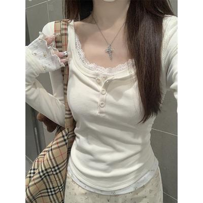 Sweet U-Neck Lace Long Sleeve T-Shirt Women's Pleated Bottom Shirt Early Spring Break Two Pure Desire Button Top
