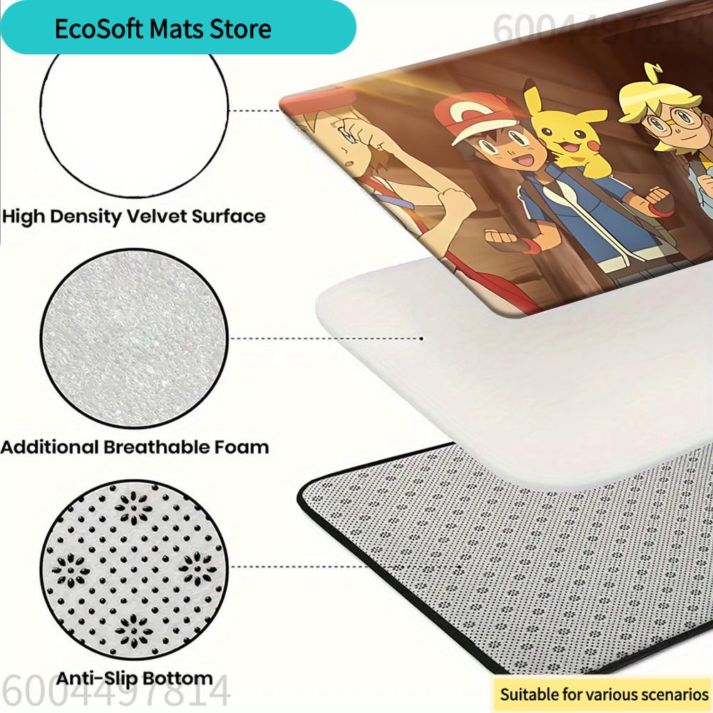 Pokemon Ash Ketchum, Pikachu & Kalos Friends Journey Doormat, Anti-Slip Welcome Mat for Home Entrance, Anime Decorative Rug for 40cm x 60cm