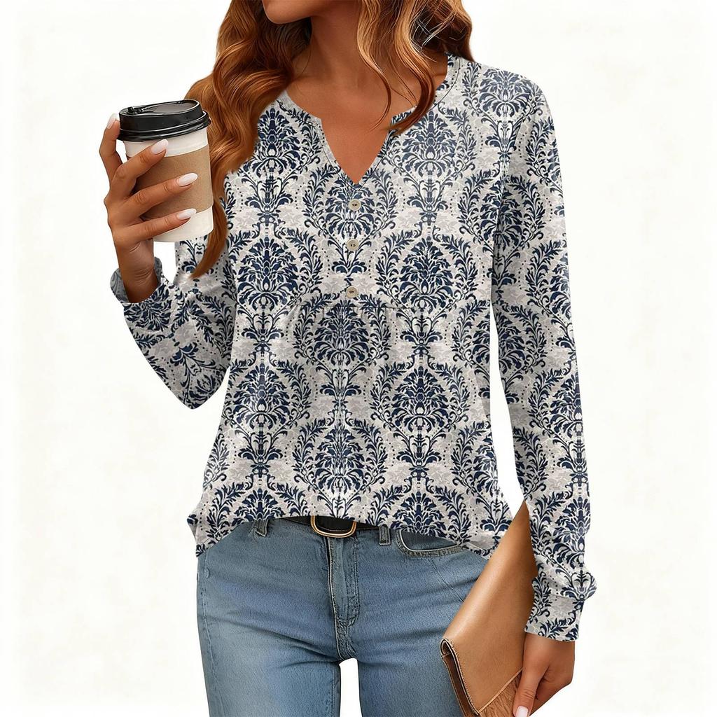 Women's Relaxed,Fit V,Neck Vintage Color,Blocked Floral Print Long,Sleeve Pullover Tee