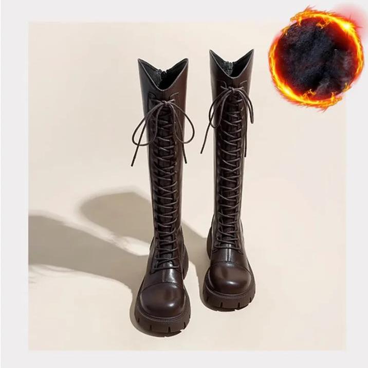 Winter Plateau Kreuz Schnürung Damen Ritterstiefel Dicke Absatzschuhe Streetstyle Damen Kurzer Plüsch Lange Stiefeletten