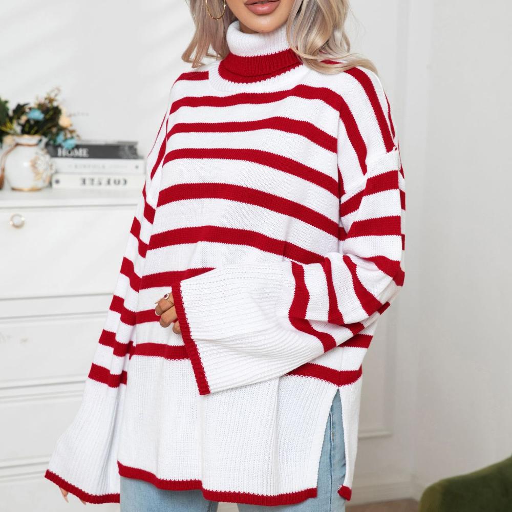 IHUASU Женский полосатый свитер средней длины с разрезом по бокам и высоким воротом — фото 7