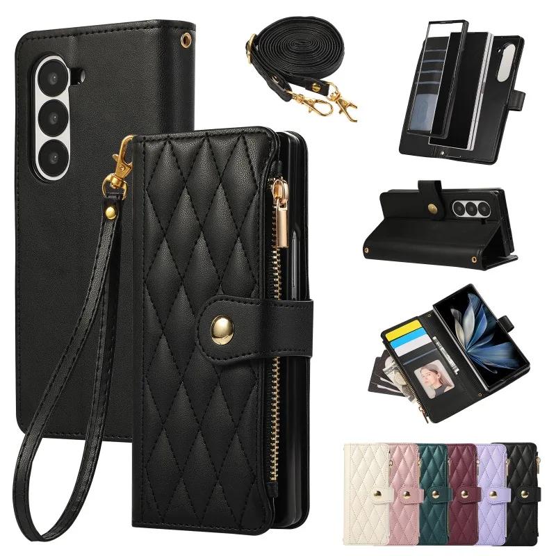 Crossbody Wrist Strap Wallet with Card Holder Phone Case for Samsung Galaxy Z Fold 7 6 5 4 Fold6 Fold5 Fold4 Fold3 Leather Cover