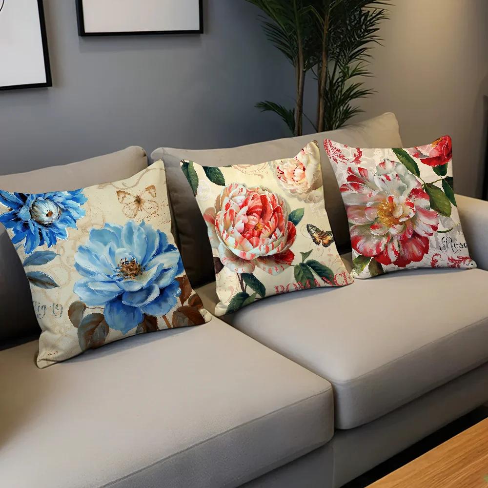 Flower Soft Pillow Case Exquisite For Sofa Living Room Retro Home Office Decor Protective Covers Style Without Art Pillow-Insert