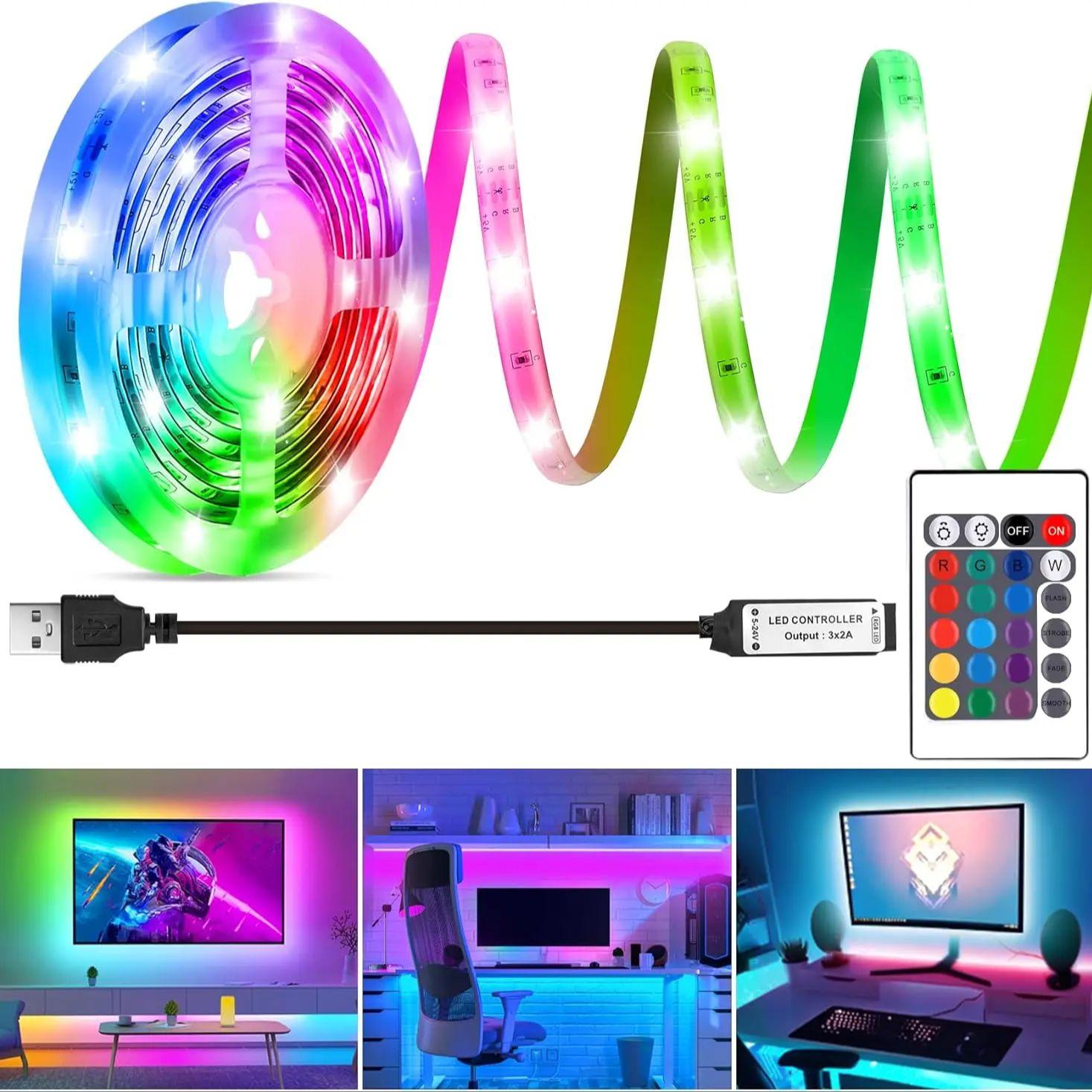 

Светодиодная лента USB 5M, меняющая цвет 2835 RGB, гибкие светодиодные лампы с 24 клавишами для детской игровой комнаты, домашней вечеринки, подсветки телевизора 5m