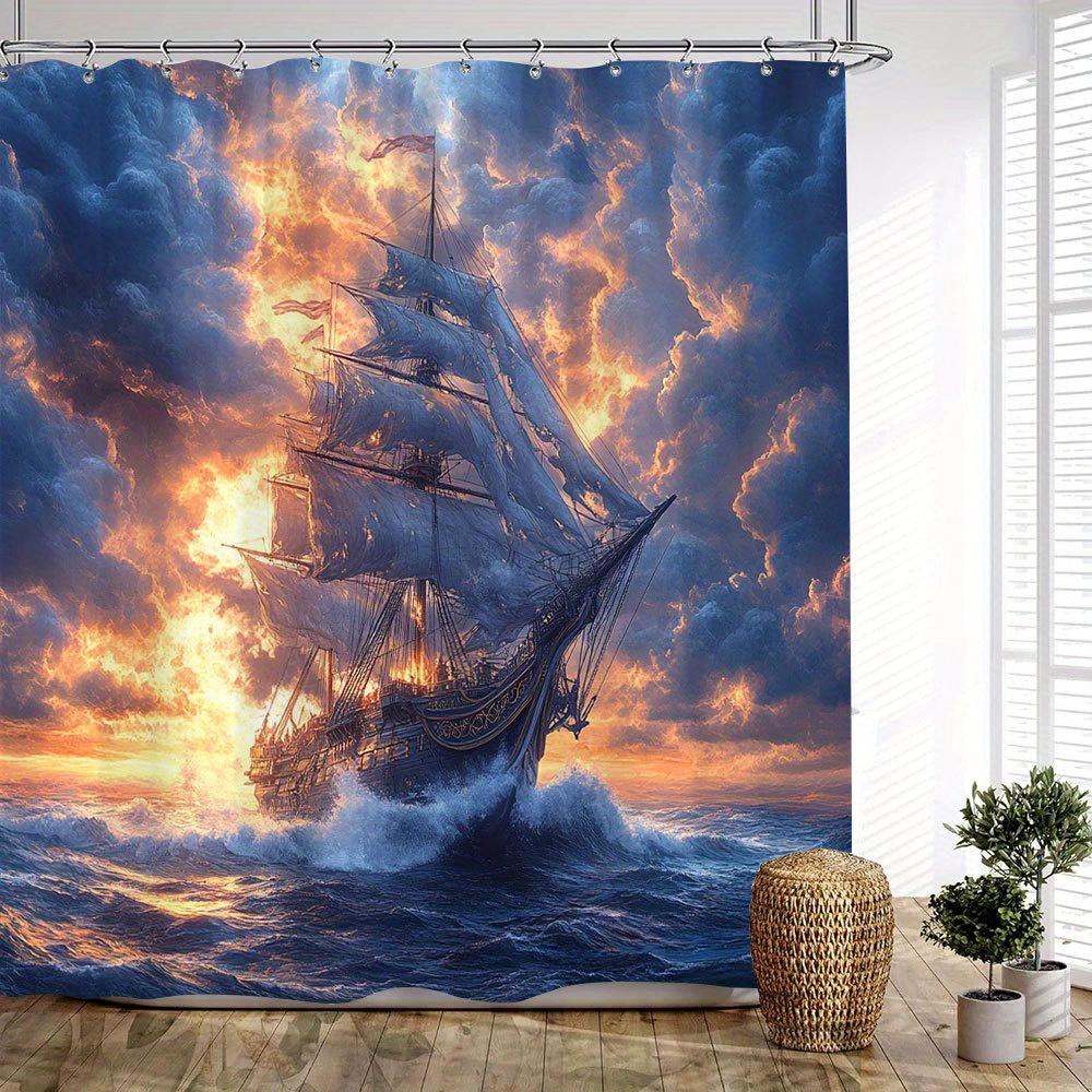 1pc Sunset Sailing Shower Curtain - Three-Masted Ship at Golden Hour with Dramatic Pink Purple Clouds & Turbulent Waves