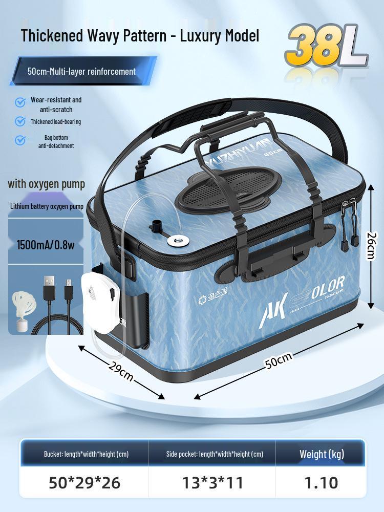 Pogrubione wiadro na żywe ryby z koszykiem na przynęty i ochraniaczem na ryby