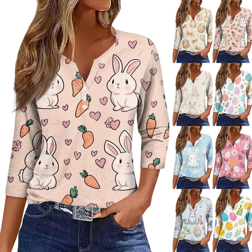 Women's Fashion Casual Easter Printed V-neck Short Sleeve Decorative Button Seven Sleeve T-shirt Top