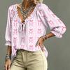 Women's V-Neck Ruffle Blouse with Tie and Print Design