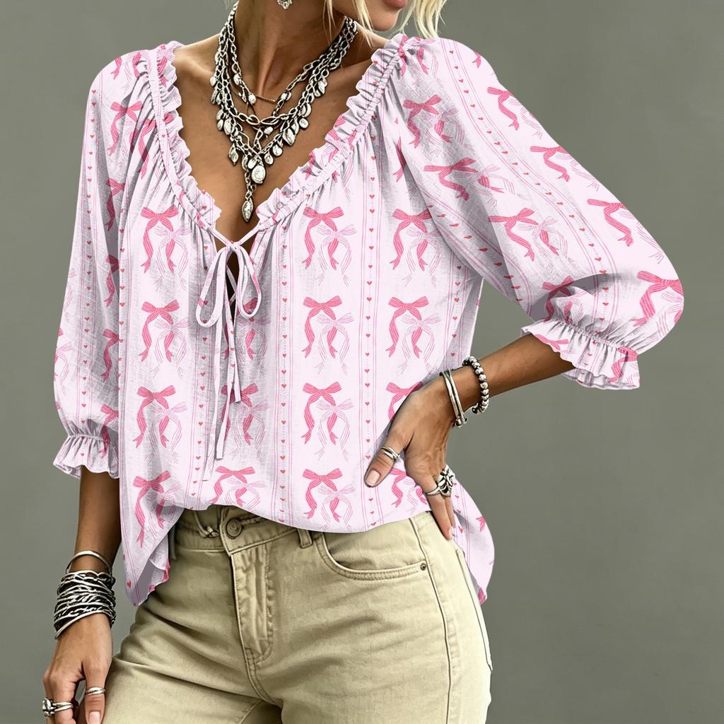 Women's V-Neck Ruffle Blouse with Tie and Print Design