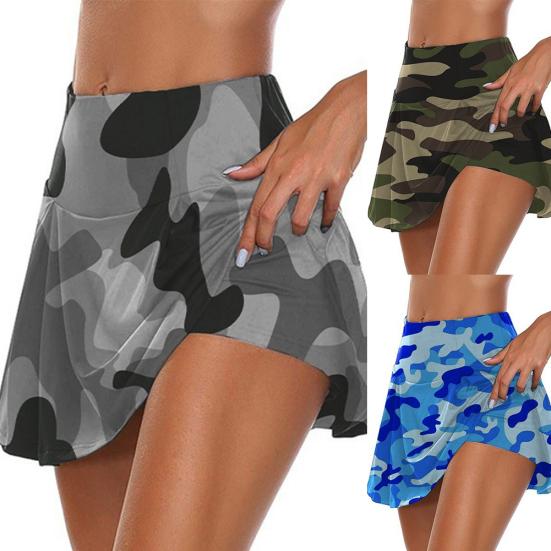 Women Camouflage Fake Two Piece Breathable Elastic Sports Shorts Mini Skirt