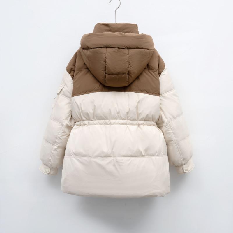 Pinghu loose color matching hooded warm winter bread clothes white duck down zipper long sleeve thickened down jacket