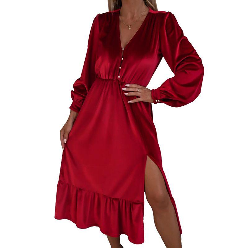 

American Shiying Winter New Arrival Elegant Solid Color Velvet Dress Women 2025 Fashion Side Slit Midi Dress Red XL code fits (70.00 kg-75.00 kg