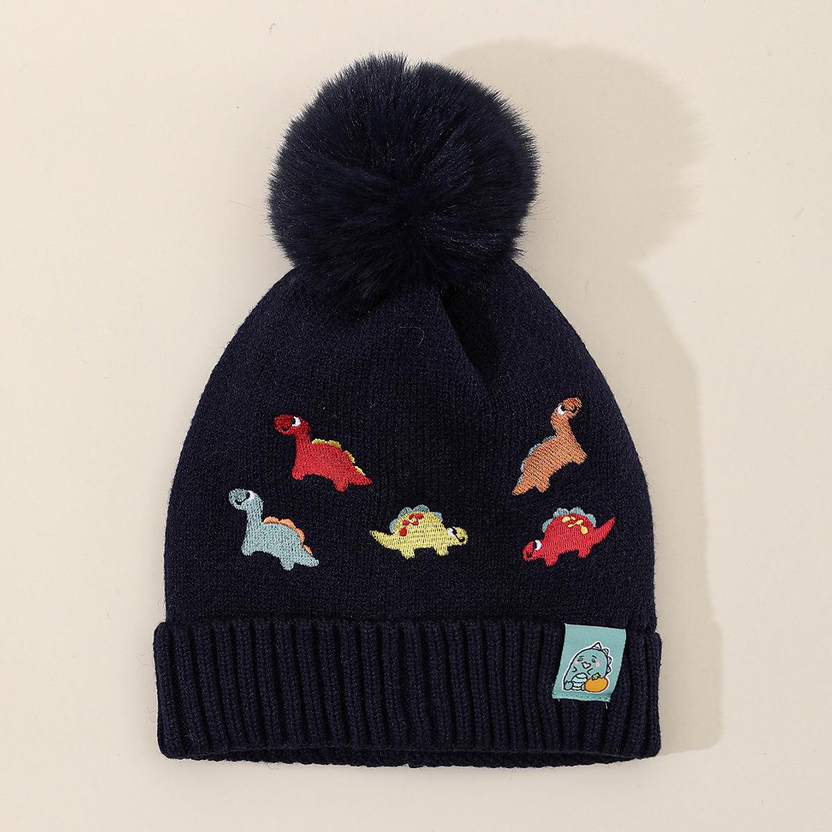 

Cute Embroidered Little Dinosaur Children s Warm Knit Pom-pom Hat чёрный