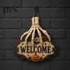 Decorative Wooden Hanging Craft Skeleton Hand Door Welcome Sign, Halloween Pumpkin Bat Pattern Decor, Creepy Skull Theme Signage Wall Plaque,