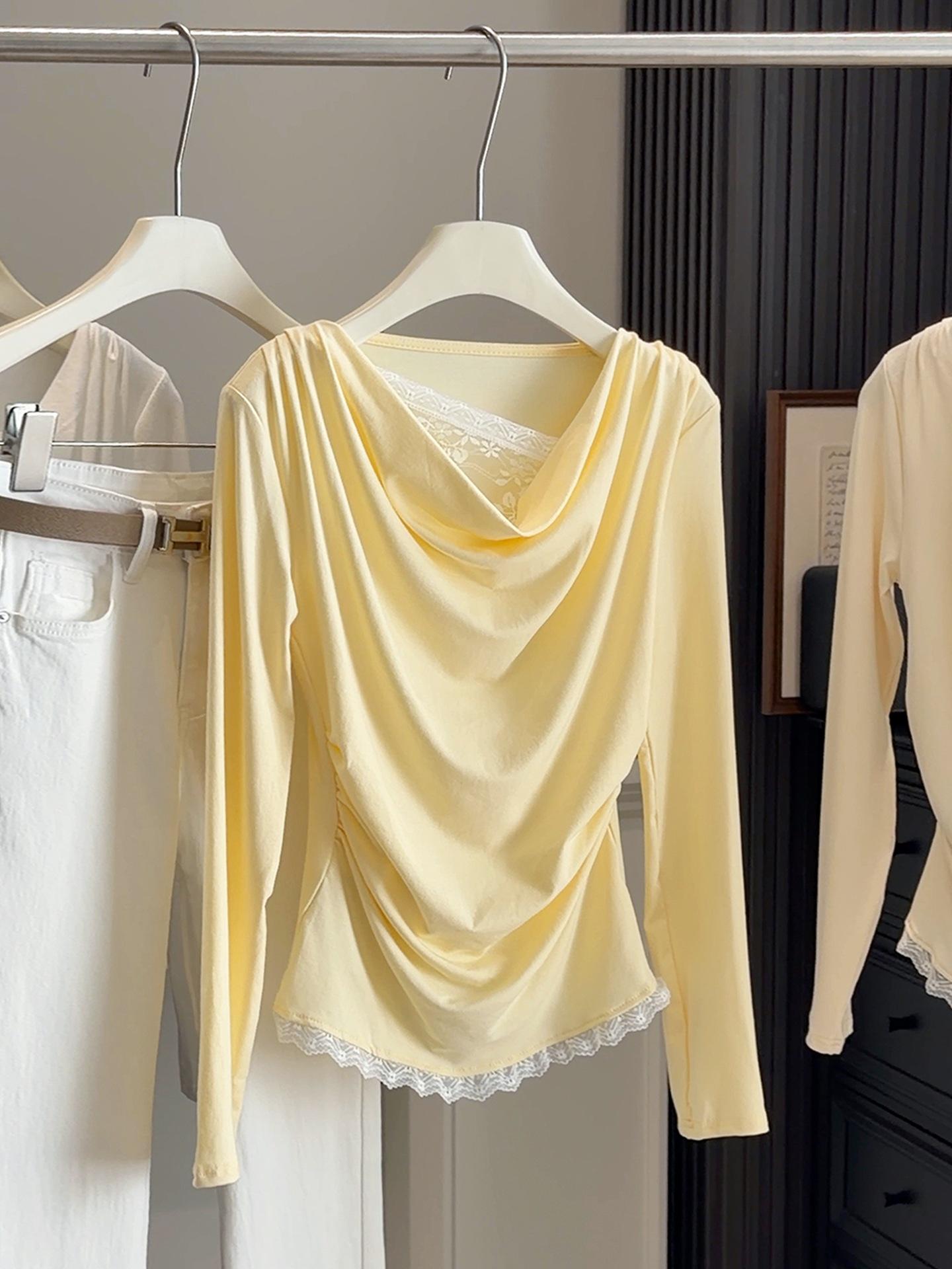 

Spring Sweet Lace Patchwork One-Shoulder Slimming Long Sleeve T-Shirt Top One Size вершковий/жовтий