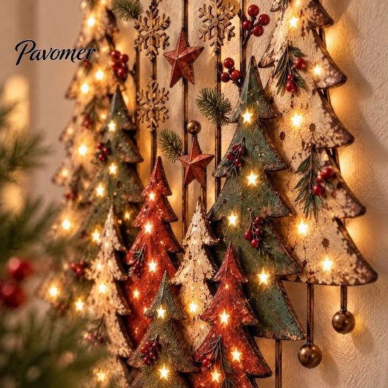 Indoor Festive Decor Lighted Wooden Christmas Tree Ornament, Rustic Holiday Wall Decoration with LED Living Room Light for Home Bedroom and