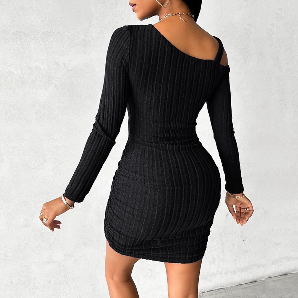 Women's Solid Color Off-the-shoulder Slant Collar Design Sense Bodycon Dress, Stylish, Slim, Sexy Long-sleeved Dress