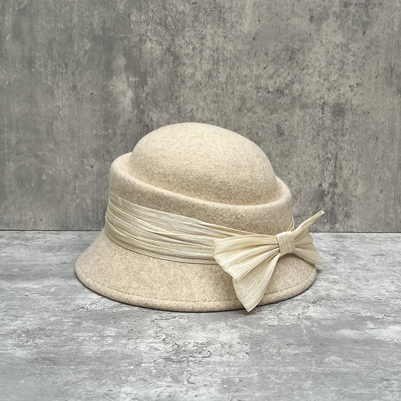 French Celebrity Retro Hepburn Style Silk Hemp Big Bow Woolen Basin Hat Female Convex Top Elegant Top Hat Autumn And Winter