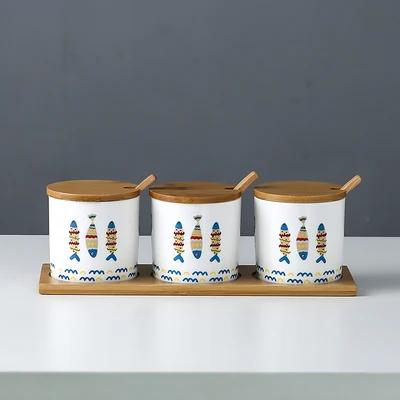 Kitchen seasoning tools ceramic seasoning jar set marble pattern cruet bamboo tray kitchen supplies seasoning box salt shaker