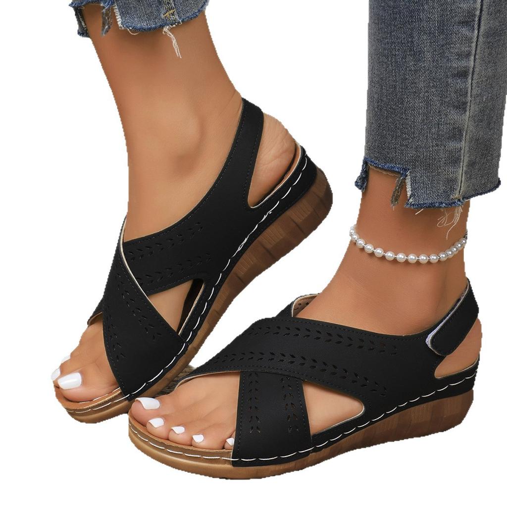 Wedge Heel Thick Sole Hollow Light Soft Sole Velcro Explosive Sandals Women